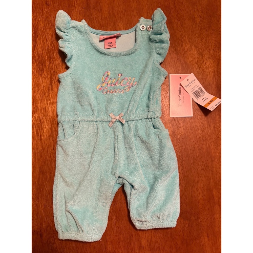 Juicy Couture Baby‎ Girls Terry Cloth Romper Aqua Blue Flutter Sleeve 0-3M NWT